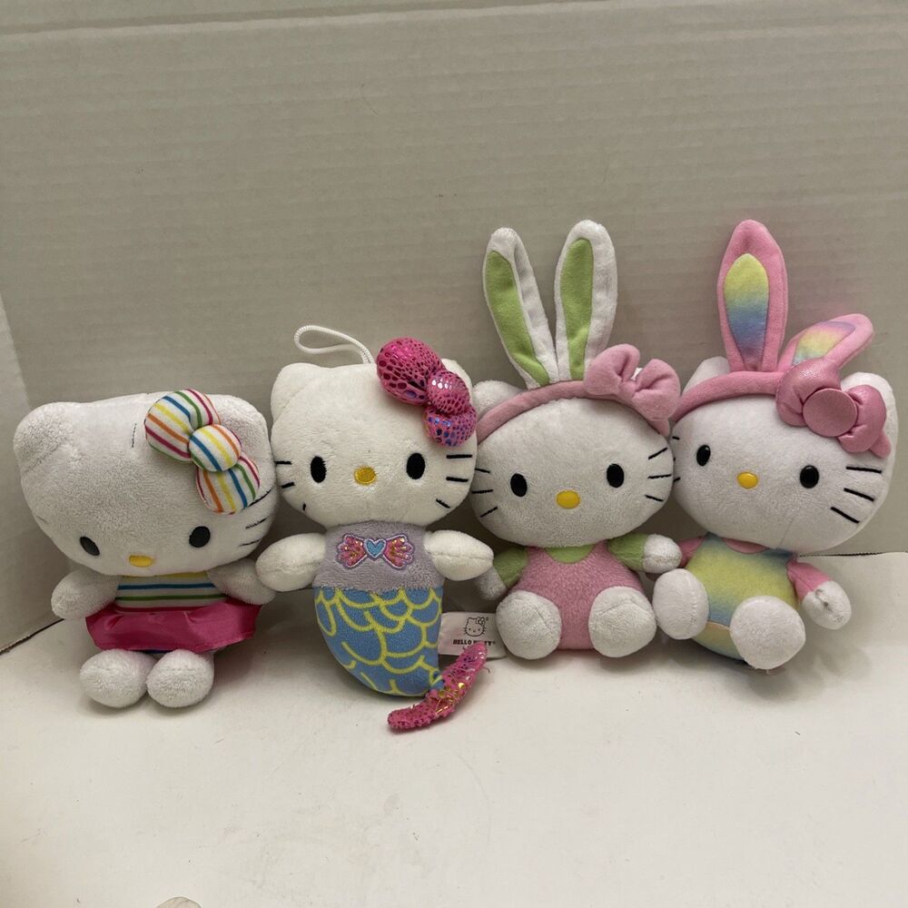 Lot Of 4 Hello Kitty Stuffed Animals Plush 6” Mermaid Bunny Ears Rainbow